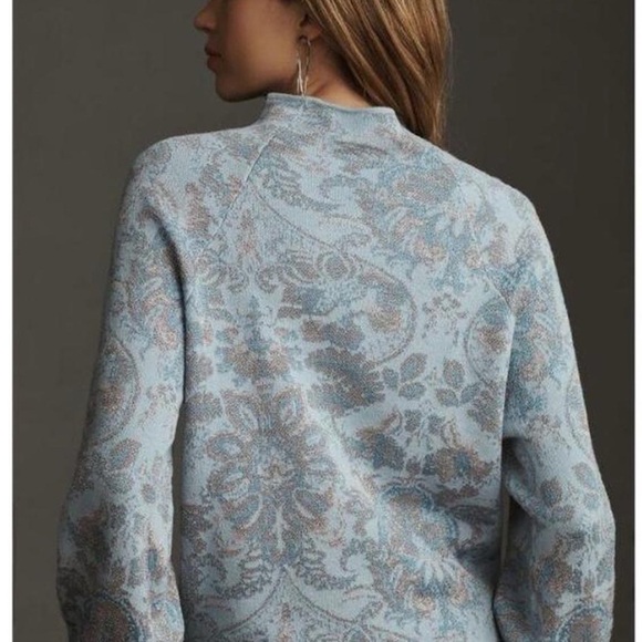 Anthropologie Beatriz Mock Neck Sweater Lurex Edition Blue SilverGray Size M - Picture 2 of 13